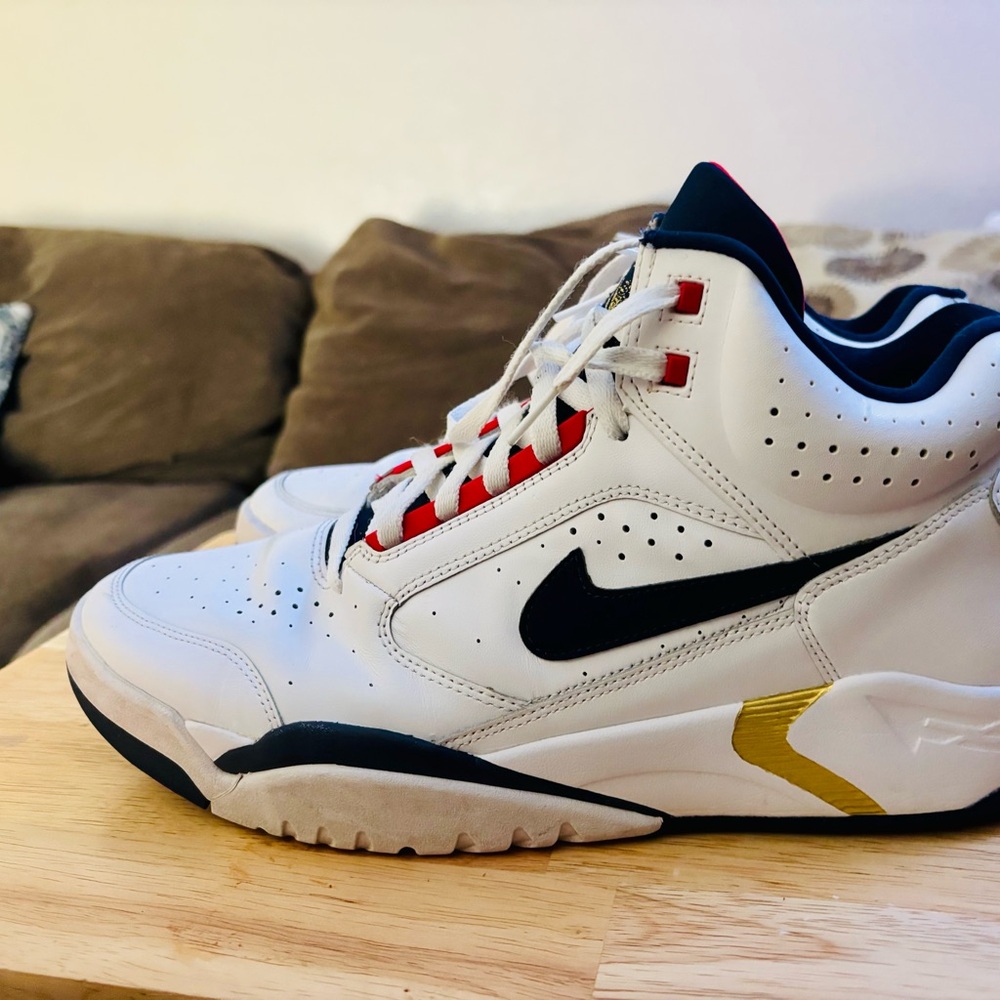 Nike White and Navy Blue Sneakers with Red/Orange and Gold Accents